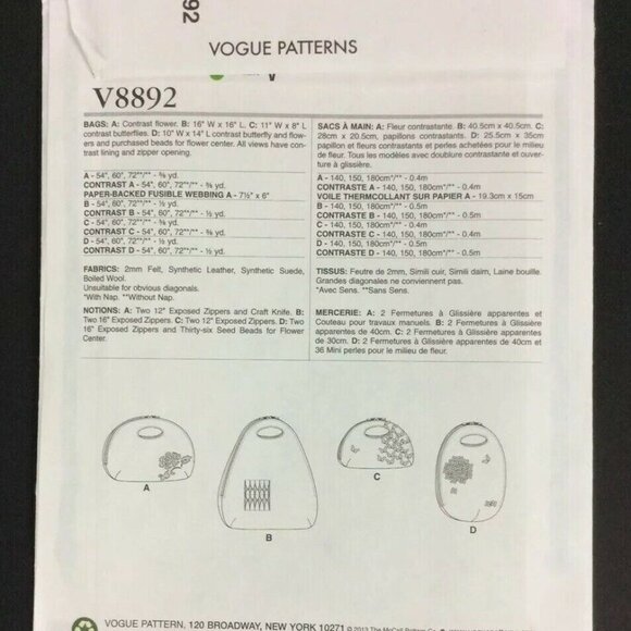 Vogue Patterns V8892 Handbag Sewing Pattern For Customizable Styles & Sizes - Picture 2 of 3